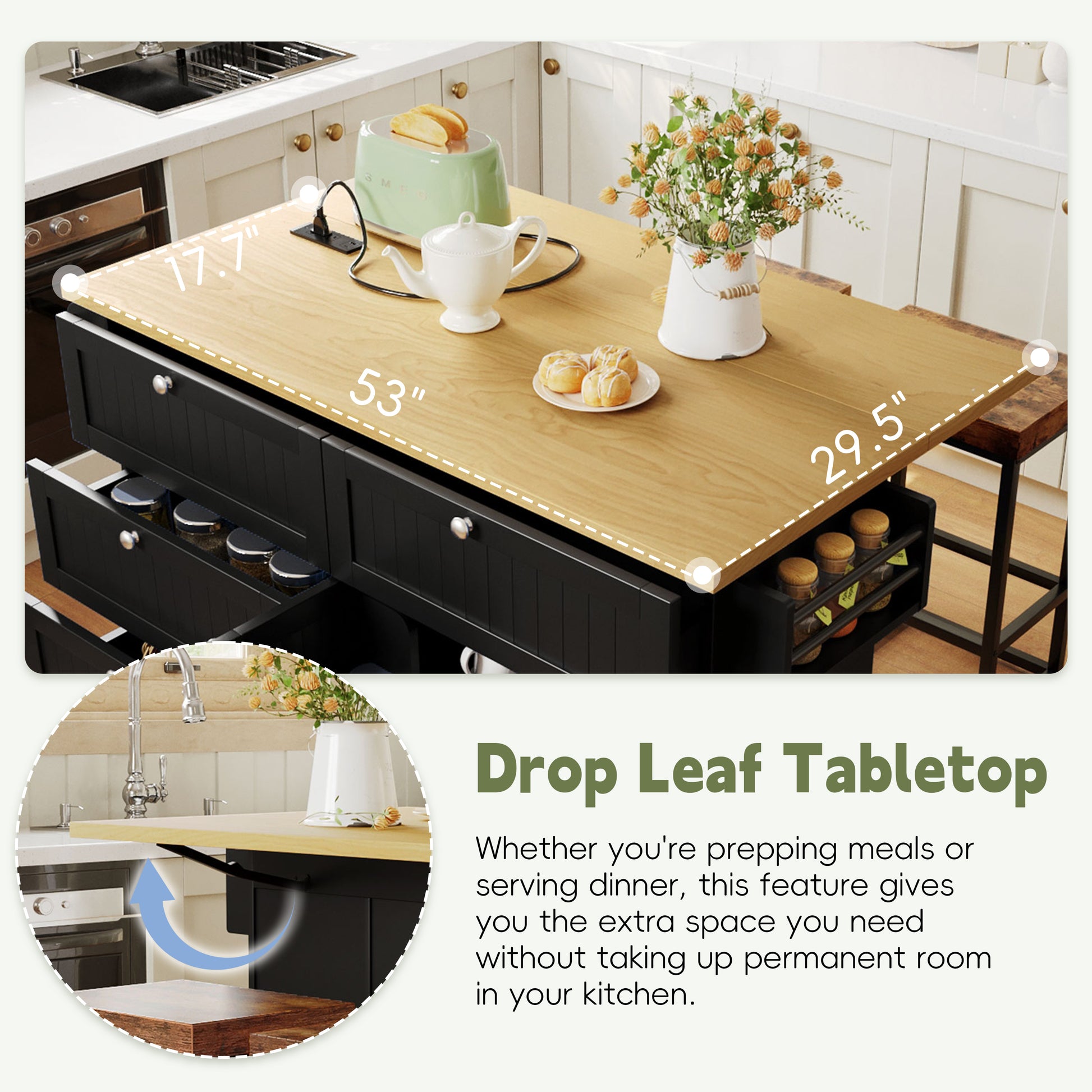 Available TOPMAX Farmhouse Kitchen Island With Drop Leaf And 2 Seatings, Kitchen Table Set With Storage Cabinet, Drawers, Door Shelves And Power Outlet, Black