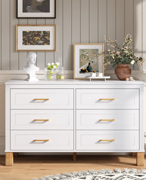 6-Drawer Double Dresser In White, Modern Storage Cabinet With Metal Handles & Solid Wood Legs, Dresser Drawer Organizer For Kids Bedroom, Heavy-Duty Wooden Dresser With Pre-Installed
