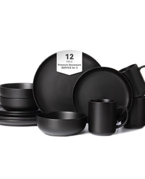 12-Piece Stoneware Dinnerware Sets With Mugs   Microwave & Dishwasher Safe    Non-Toxic Dinner Plates Bowls Set   Stackable Matte Glaze Kitchenware For 3,Black