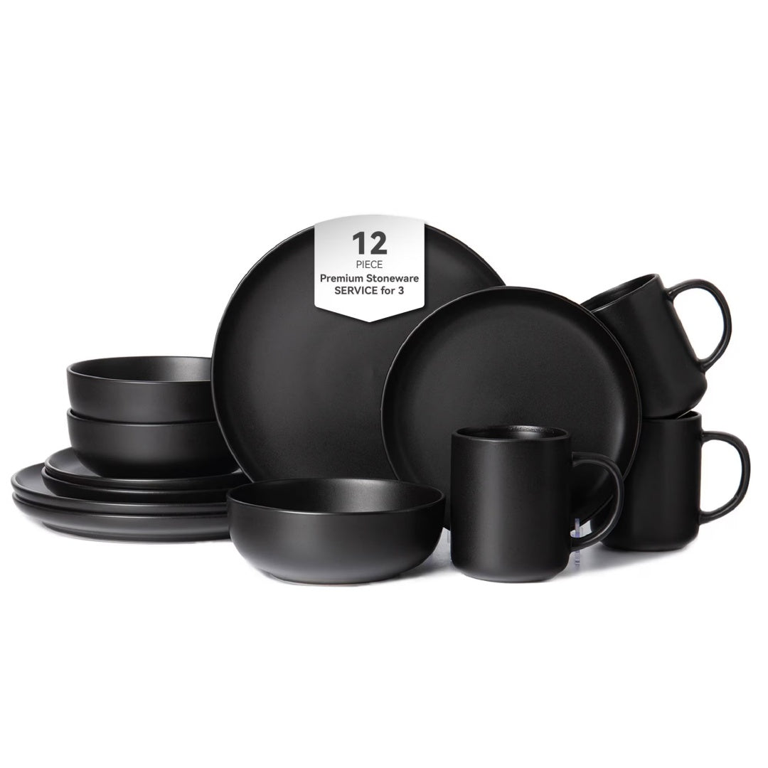 12-Piece Stoneware Dinnerware Sets With Mugs   Microwave & Dishwasher Safe    Non-Toxic Dinner Plates Bowls Set   Stackable Matte Glaze Kitchenware For 3,Black