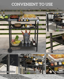 2-Tier Shelf Outdoor Bar Cart, Stainless Steel Tabletop Patio Serving Cart with Accessories for Poolside, Garden, Black