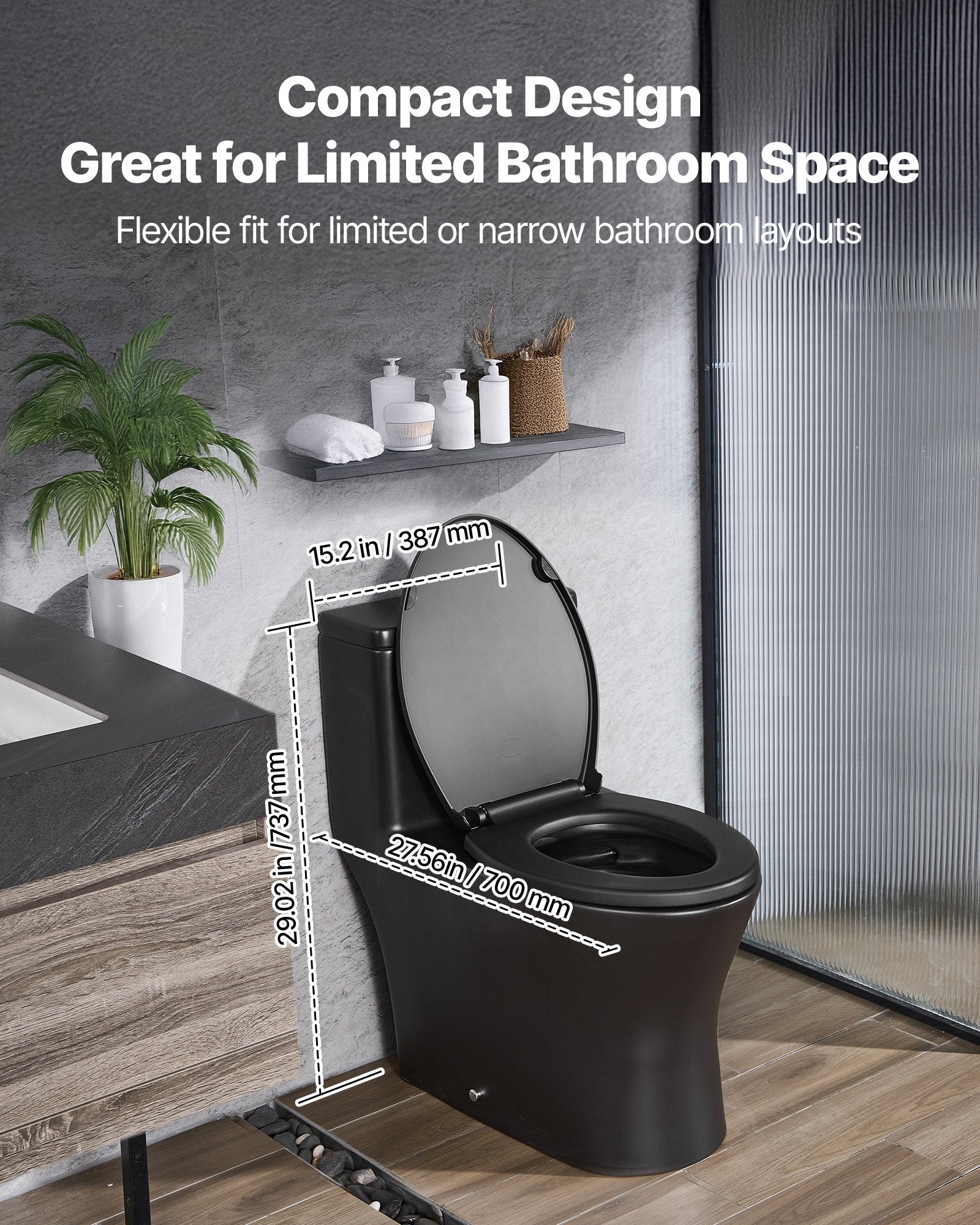 One-Piece Elongated Toilet – Vortex Dual Flush 1.0/1.28 GPF, Skirted Easy-Clean Design, Standard Height (Black & Silver, 12" Rough-In)