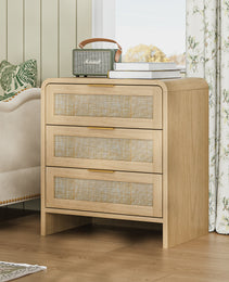 Rattan Nightstand 3 Drawers, 22.8  Wide Curved Wooden Bedside Table, Modern Storage For Bedroom, Natural Oak.