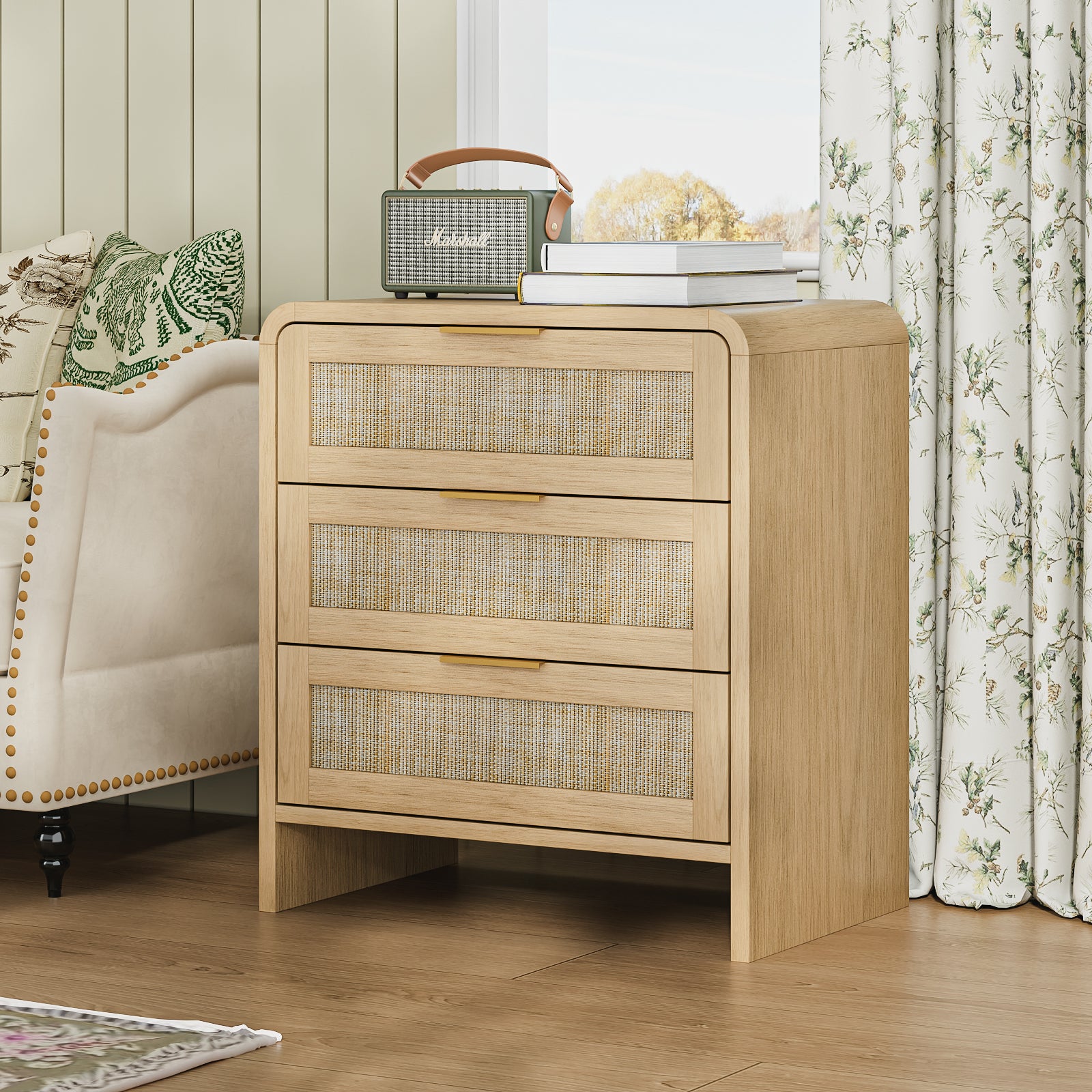 Rattan Nightstand 3 Drawers, 22.8  Wide Curved Wooden Bedside Table, Modern Storage For Bedroom, Natural Oak.