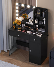 Vanity Desk With Mirror And 3 Lighting Modes, Makeup Vanity With Glass Top And Storage Shelves, Dressing Table With 2 Drawers And Cabinet - CJDS