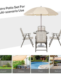 6-Piece Patio Dining Set With Umbrella, Folding Chairs & Glass Table, Beige - Outdoor Meal Setup