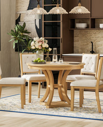 TREXM 5-Piece Retro Functional Dining Table Set Extendable Round Table And 4 Upholstered Chairs For Dining Room And Living Room  Natural