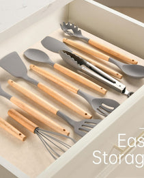 Non-Stick Silicon 12 Pcs Heat Resistant Wooden Handle Kitchen Cooking Utensils Set, Gray Color