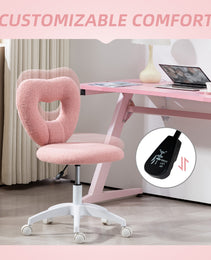 Armless Computer Desk Chair, Office Task Chair, Teddy Fleece Heart Makeup Vanity Chair with Swivel Wheels, Pink