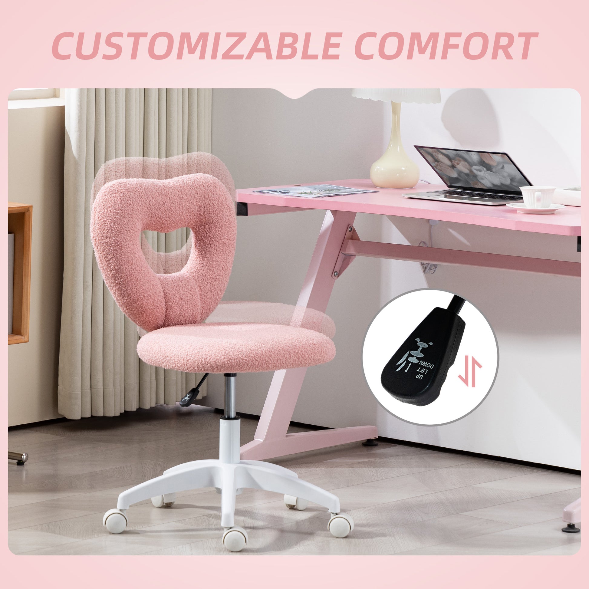 Armless Computer Desk Chair, Office Task Chair, Teddy Fleece Heart Makeup Vanity Chair with Swivel Wheels, Pink