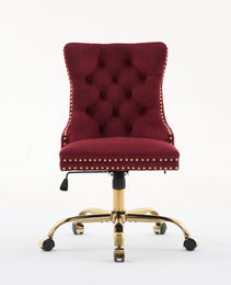 A&A Furniture Office Chair,Modern Velvet Upholstered Tufted Button Home Office Chair With Golden Metal Base,Adjustable Desk Chair Swivel Office Chair Wine Red