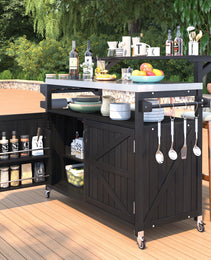 K&K 53.3  Outdoor Kitchen Island With Raised Shelf, Solid Wood Storage Cabinet With Stainless Steel Top, Outdoor Rolling Grill Cart With Internal Storage Rack, Adjustable Shelf, Spice Rack, Black