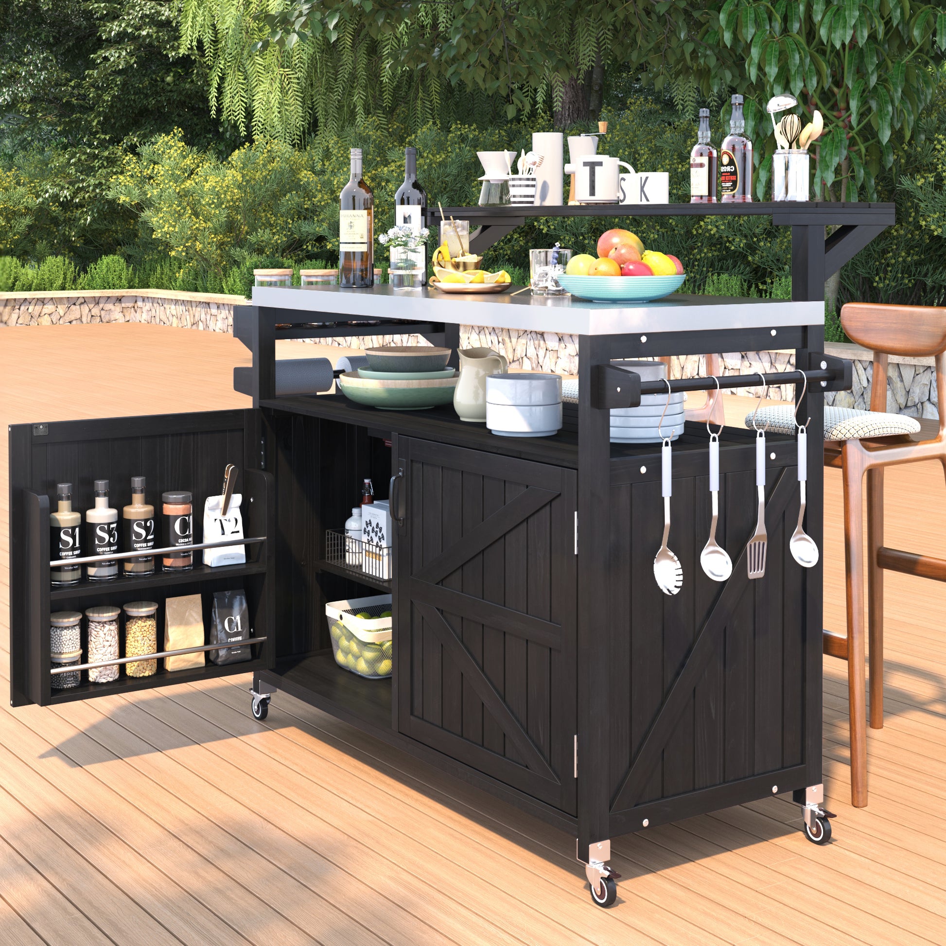 K&K 53.3  Outdoor Kitchen Island With Raised Shelf, Solid Wood Storage Cabinet With Stainless Steel Top, Outdoor Rolling Grill Cart With Internal Storage Rack, Adjustable Shelf, Spice Rack, Black