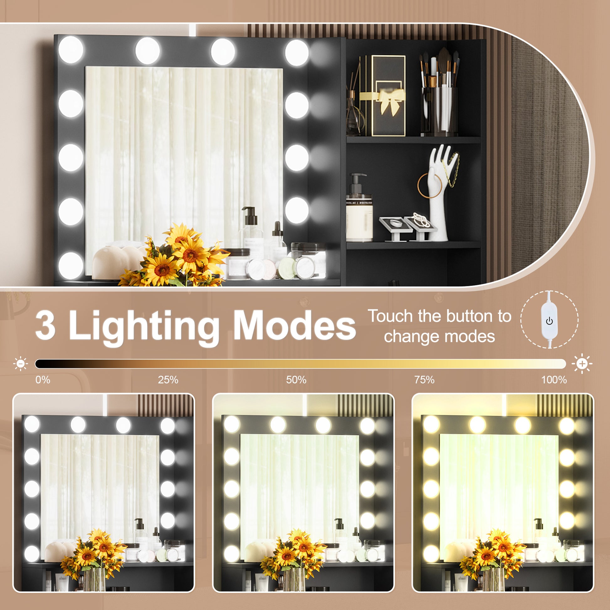 Vanity Desk With Mirror And 3 Lighting Modes, Makeup Vanity With Glass Top And Storage Shelves, Dressing Table With 2 Drawers And Cabinet - CJDS