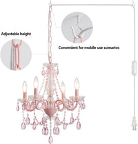 Plug in Crystal Pink Chandelier, Not Acrylic Crystal,Mini 4 Lights for Girls Room,Pink Crystals Hanging Pendant Light with Clear Cord and On/Off, Chandelier for Wedding, Kitchen, Dining,Foyer,Island