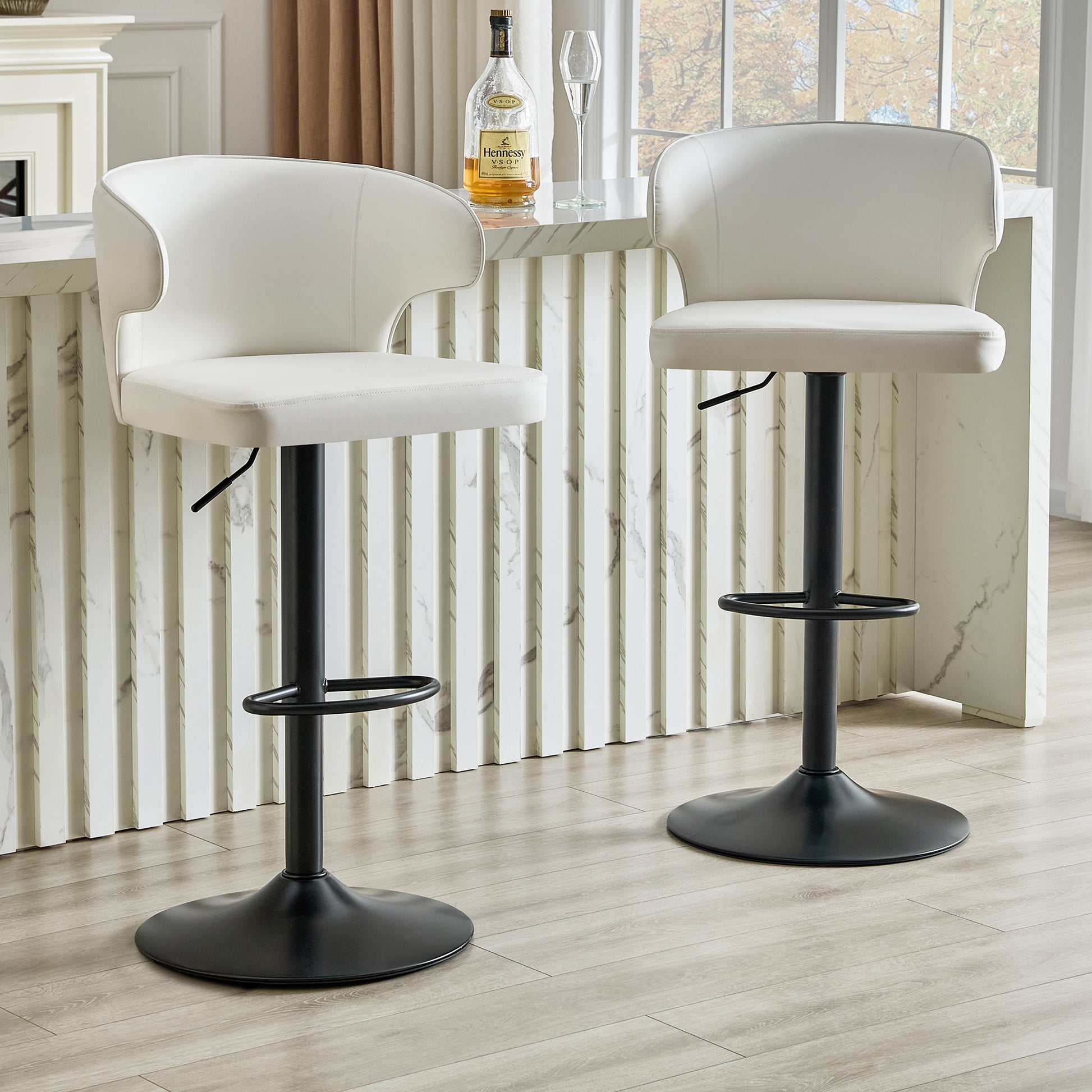 Modern Rotating Adjustable Bar Chair, PU Leather Belt Backrest Swivel Chair, Suitable For Kitchen Bar Counter And Dining Room, Adjustable Height, Capable Of Bearing 300 Pounds  White -2 Pieces