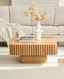 31.5 Inch Modern Handcraft Drum Coffee Table Square Coffee Table For Living Room,Small Wooden Coffee Table With Sturdy MDF Pedesta,Natural Color