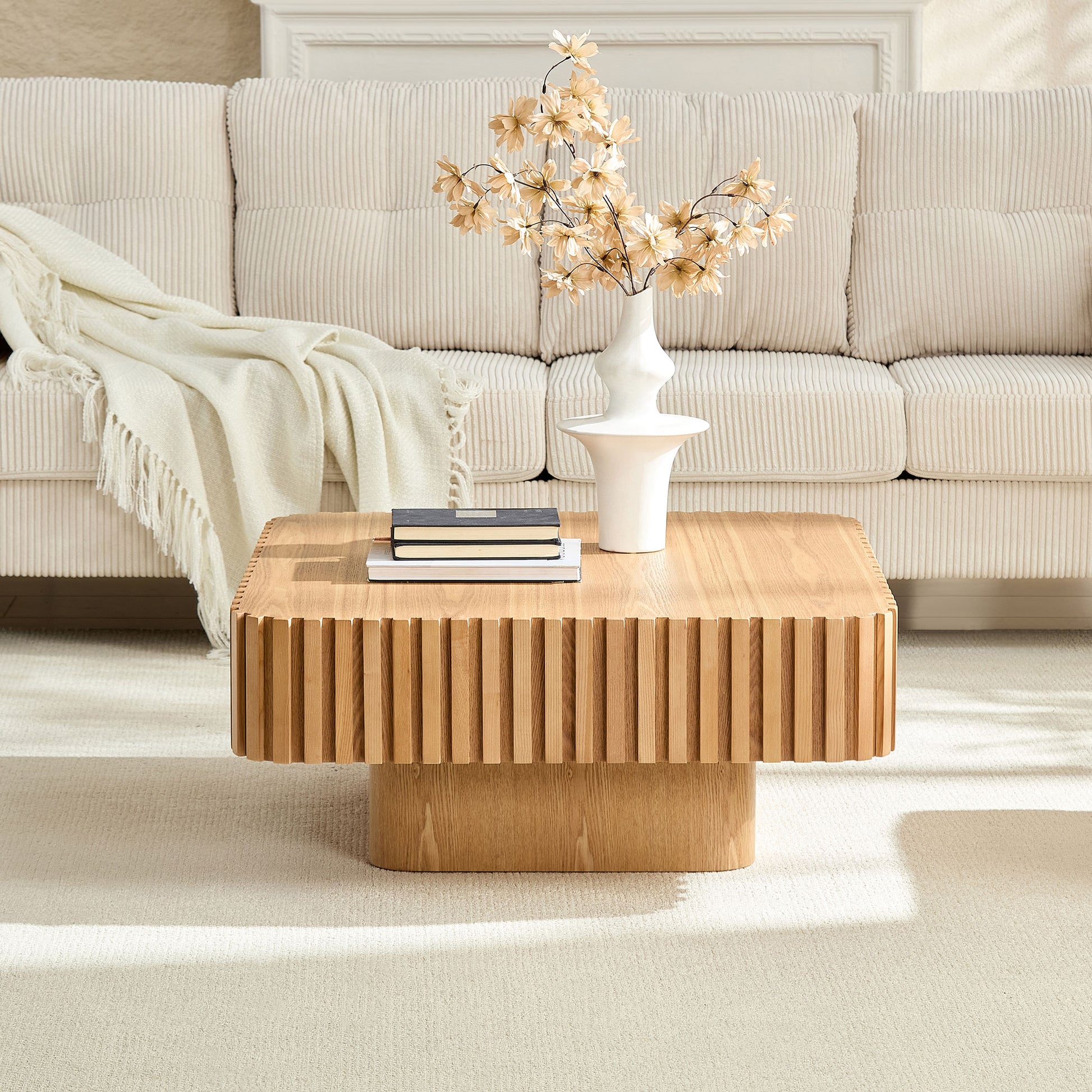 Modern 35.43 Inch Handcraft Drum Coffee Table Square Coffee Table For Living Room,Small Wooden Coffee Table With Sturdy MDF Pedesta,Narual Color