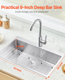 33' Kitchen Sink Top Mount Single Bowl Drop-In Basin Stainless Steel Bar