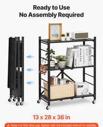 3-Tier Foldable Storage Shelf, 28W X 13D X 36H Inch Folding Metal Rack Shelving Unit, No Assembly Organizer Shelf With 5 Wheels & 4 Hooks For Pantry, Kitchen, Garage, Basement, Black