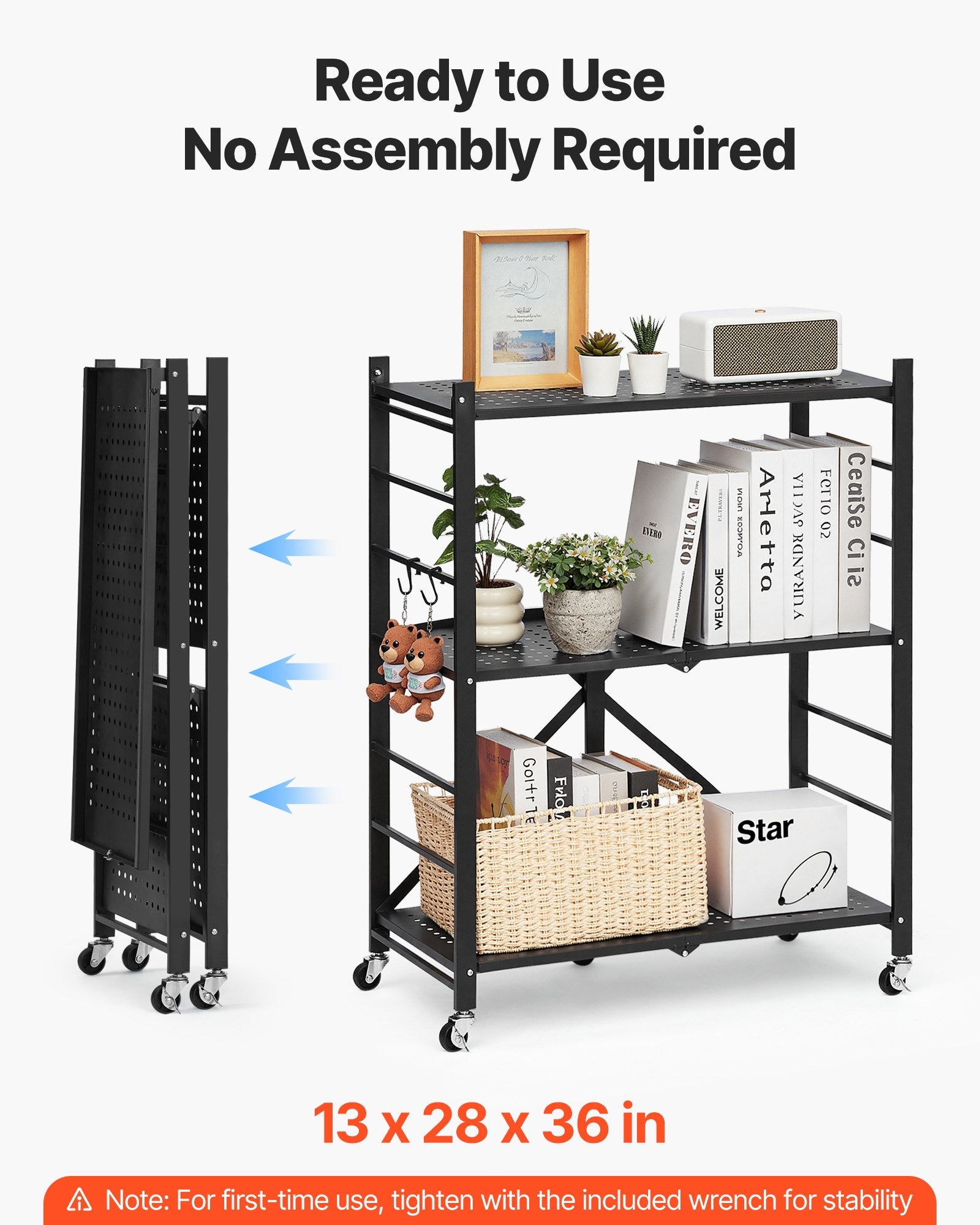 3-Tier Foldable Storage Shelf, 28W X 13D X 36H Inch Folding Metal Rack Shelving Unit, No Assembly Organizer Shelf With 5 Wheels & 4 Hooks For Pantry, Kitchen, Garage, Basement, Black