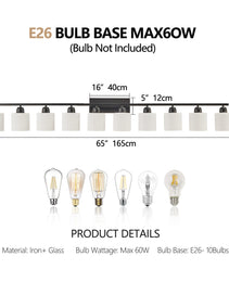10 Light Bathroom Vanity Lights Over Mirror, 65.4 Inch Black Vanity Lights Fixtures With White Glass Shades Matte Black Modern Vanity Lights Black Bathroom Wall Lighting For Mirror Bedroom