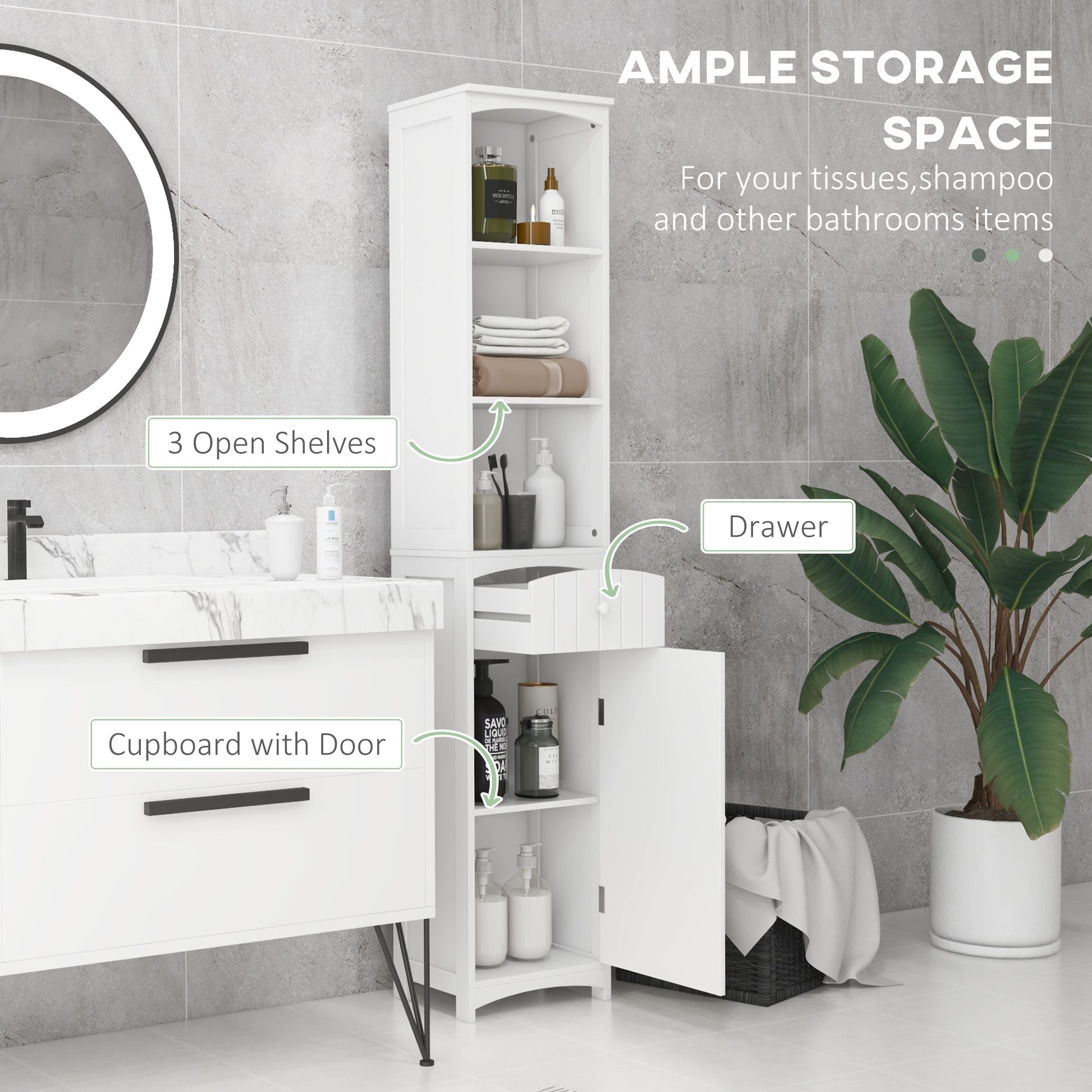 Bathroom Storage Cabinet, Free Standing Bathroom Storage Unit, Tall Linen Tower with 3-Tier Shelves and Drawer, White
