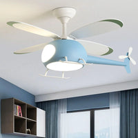 Blue Pink Airplane Children's Room Ceiling Fan Lamp Modern Colorful Helicopter Kids Bedroom Chandelier Cartoon Ceiling Light LED