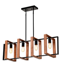 4-Light Kitchen Island Lights Pendant Light Farmhouse Dining Room Light Fixture, Rustic Wood And Black Metal Rectangular Chandelier, Hanging Lighting For Living Room,Conference Room, Home Office - CJDS