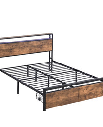 Full Size Bed Frame With Storage Headboard And 2 Drawers, LED Lights Bed With Charging Station, Metal Platform Bed No Noise