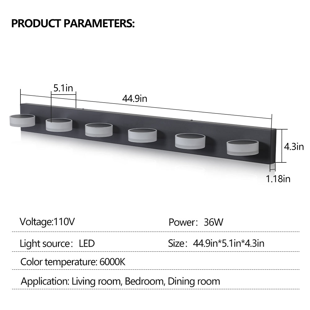 45in  Modern 6-Light LED Vanity Light, Sleek Black Bathroom Wall Light Fixture For Mirror, Shower, And Bathroom Decor