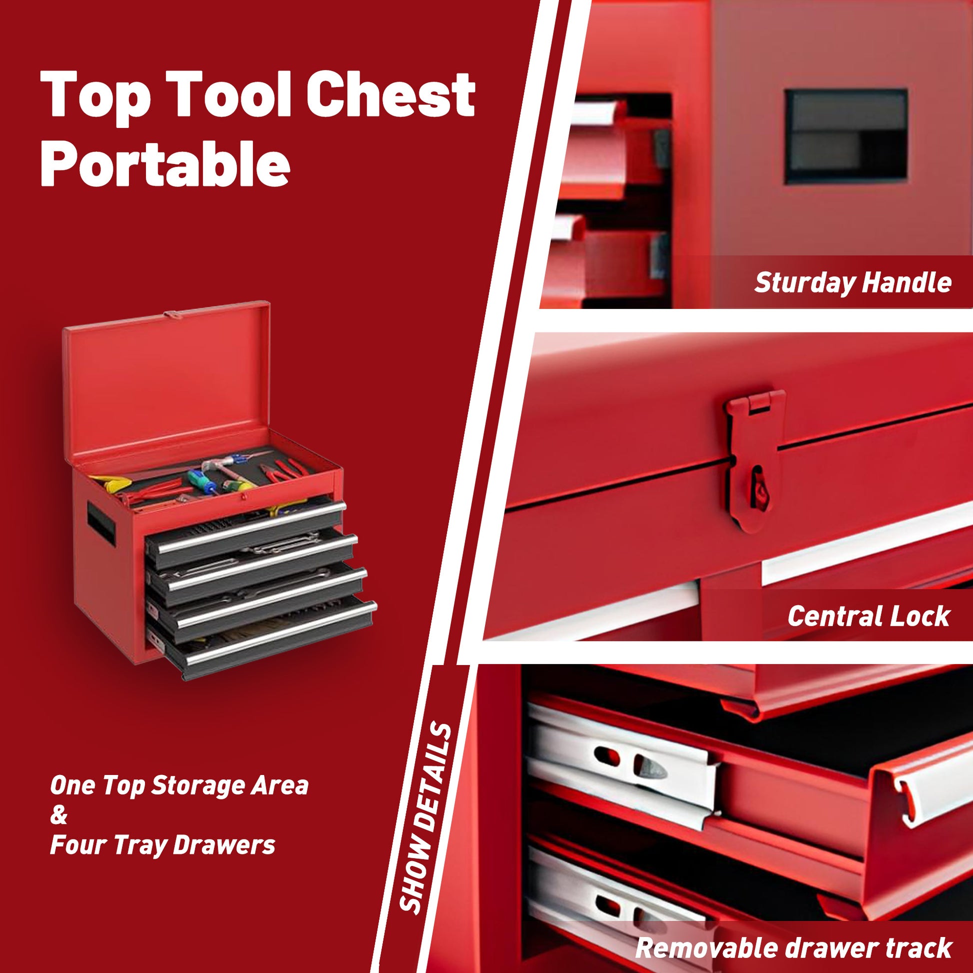 Tool Chest, 5-Drawer Rolling Tool Storage Cabinet With Detachable Top Tool Box, Liner, Universal Lockable Wheels, Adjustable Shelf, Locking Mechanism, Metal Tool Cart For Garage Workshop
