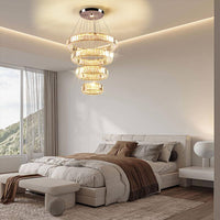 4 Ring Modern Long Crystal Pendant Chandelier for High Ceilings Warm White