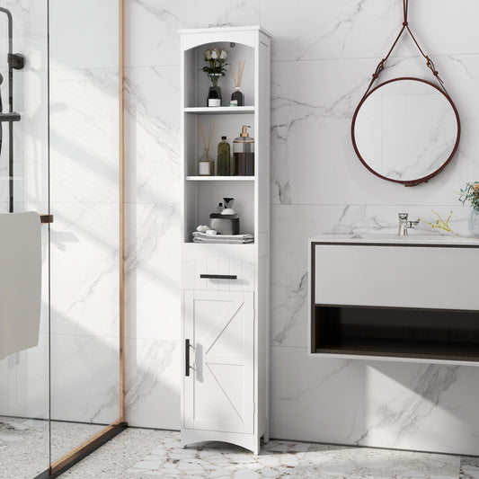 Farmhouse Tall Slim Bathroom Storage Cabinet with Recessed Drawer, Narrow Cabinet with Barn Door, White