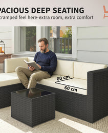 3 Piece Patio Furniture Set, Wicker Outdoor Patio Conversation Furniture Set with Cushions, Glass Top Table, Beige