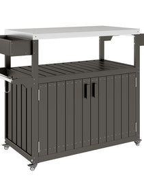 Outdoor Bar Cart With Storage, Stainless Steel Outdoor Bar Table Top, Wheeled HDPE Kitchen Island For Food Prep, Gray
