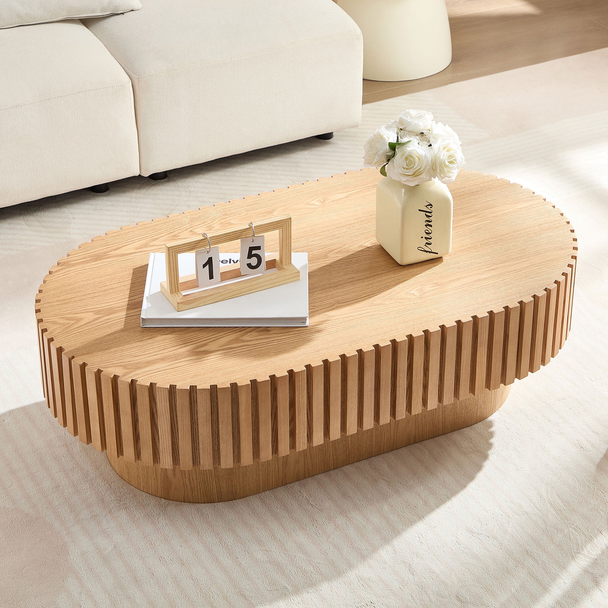 43.70Inch Modern Handcraft Drum Coffee Table Oval Coffee Table For Living Room,Small Wooden Coffee Table With Sturdy Pedestal For Office,ASH Color