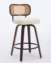 Set Of 3 Counter Height Bar Stools  26 Inch Rattan Counter Height Stools With Cane Back, Upholstered Seat, Walnut Craftsmanship, Swivel Counter Stools For Island  Kitchen  Counter  Bar Walnut Beige