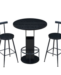 3-Piece Bar Table And Stool Set 31.5-inch Round Bar Table With Two Stools Compact Wooden Dining Bar With Metal Ring Footrest Ideal For Restaurants, Cafes, Bars, Living Rooms, And Small Spaces,Black