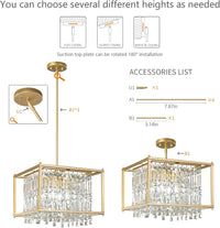 Modern Foyer Chandelier, Gold Crystal Chandelier Entryway Pendant Light Fixture, Square Adjustable Height Chandeliers for Kitchen Island, L15.74'' X H9.84''