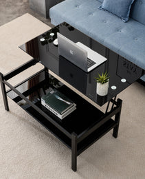 Glass Lift Top Coffee Table, Modern Simple 2-Layer Tempered Glass Coffee Table For Living Room, Black