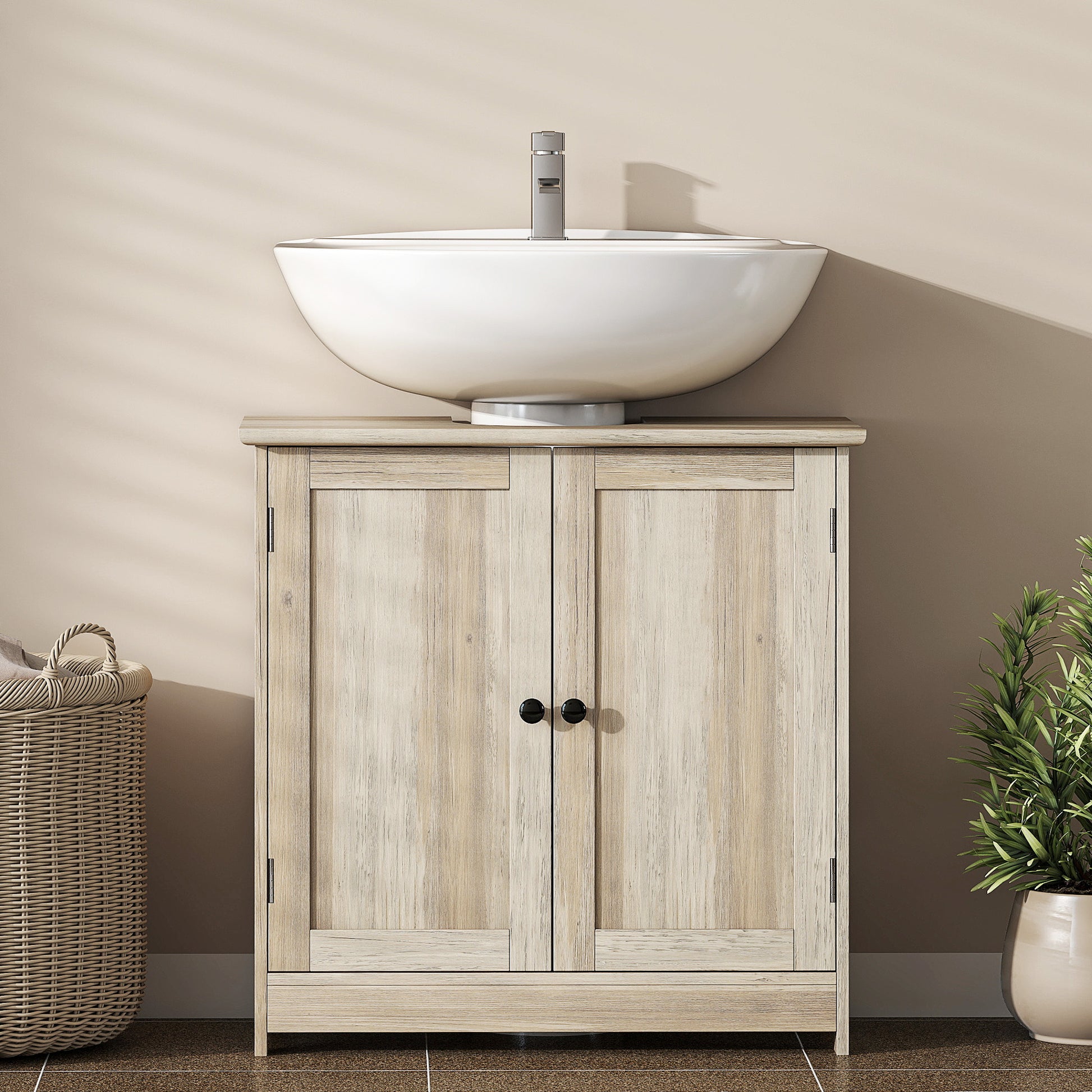 Bathroom Vanity Cabinet, Under Sink Bathroom Cabinet with 2 Doors and Adjustable Shelf, Weathered Gray Oak