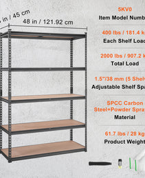 VEVOR Storage Shelving Unit, 5-Tier Adjustable, 2000 Lbs Capacity, Heavy Duty Garage Shelves Metal Organizer Utility Rack, Black,  For Kitchen Pantry Basement Bathroom Laundry