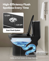 One-Piece Elongated Toilet – Vortex Dual Flush 1.0/1.28 GPF, Skirted Easy-Clean Design, Standard Height (Black & Silver, 12" Rough-In)