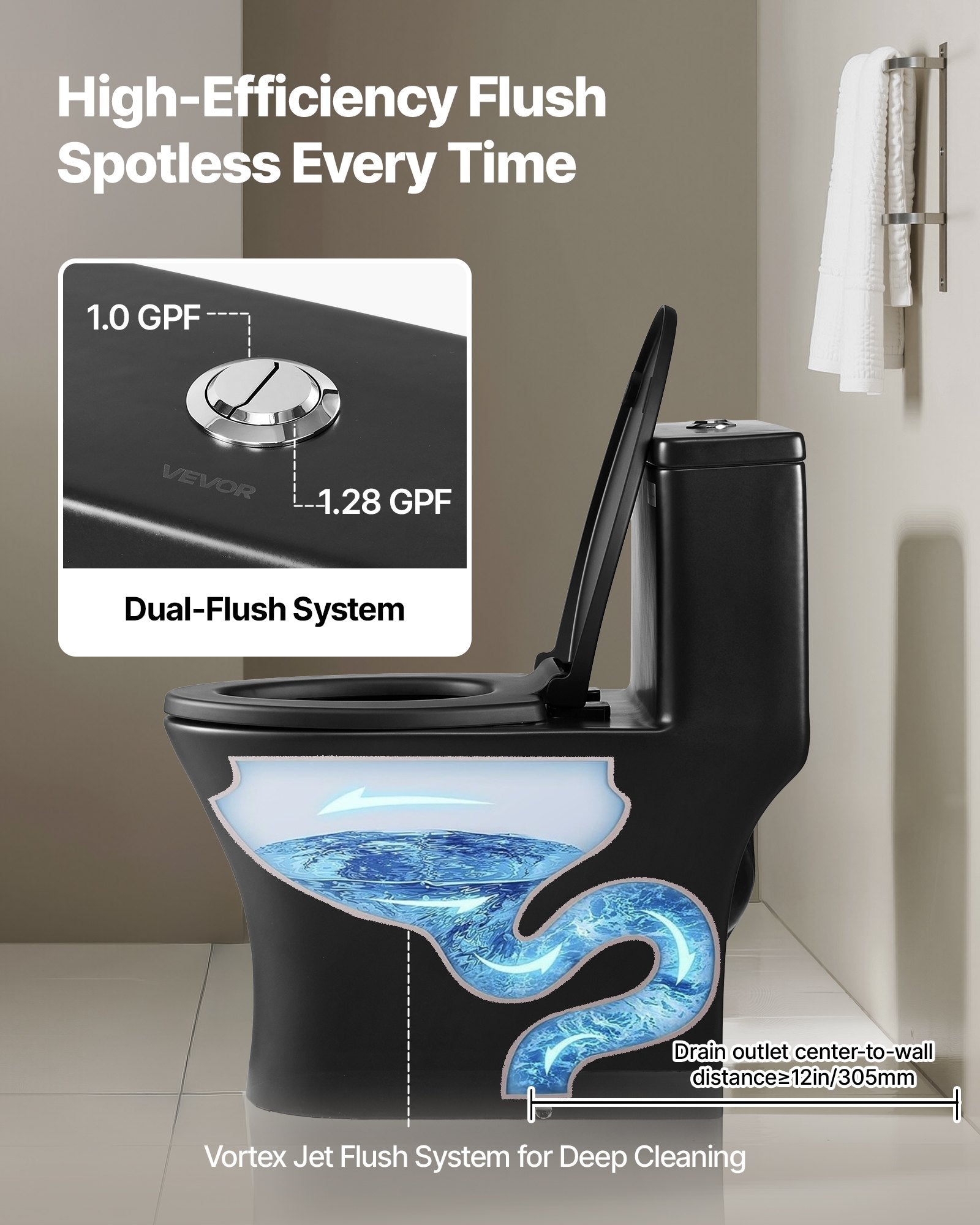 One-Piece Elongated Toilet – Vortex Dual Flush 1.0/1.28 GPF, Skirted Easy-Clean Design, Standard Height (Black & Silver, 12" Rough-In)