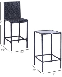 3pcs Rattan Bar Set with Glass Top Table, 2 Bar Stools for Outdoor, Patio, Garden, Poolside, Backyard