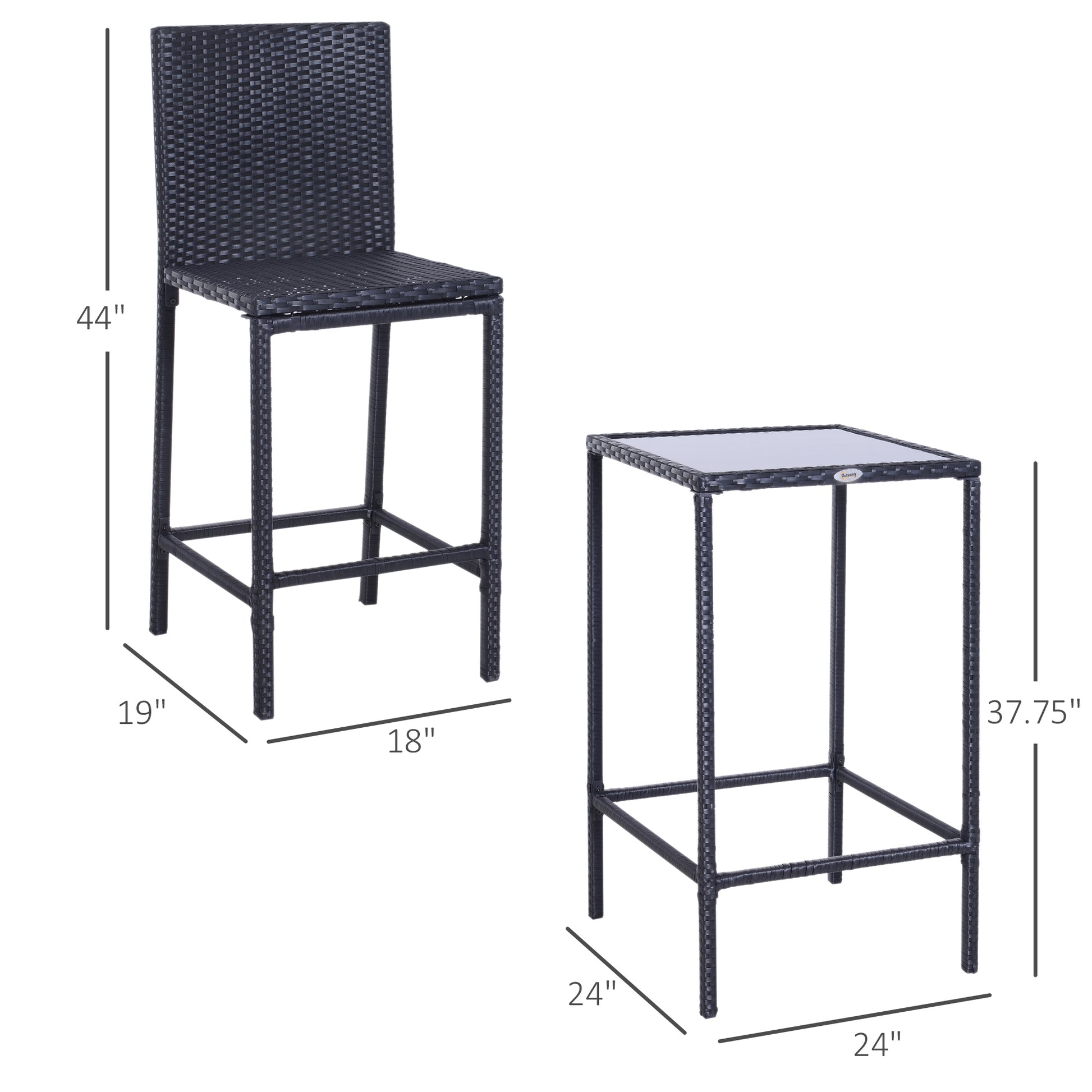 3pcs Rattan Bar Set with Glass Top Table, 2 Bar Stools for Outdoor, Patio, Garden, Poolside, Backyard