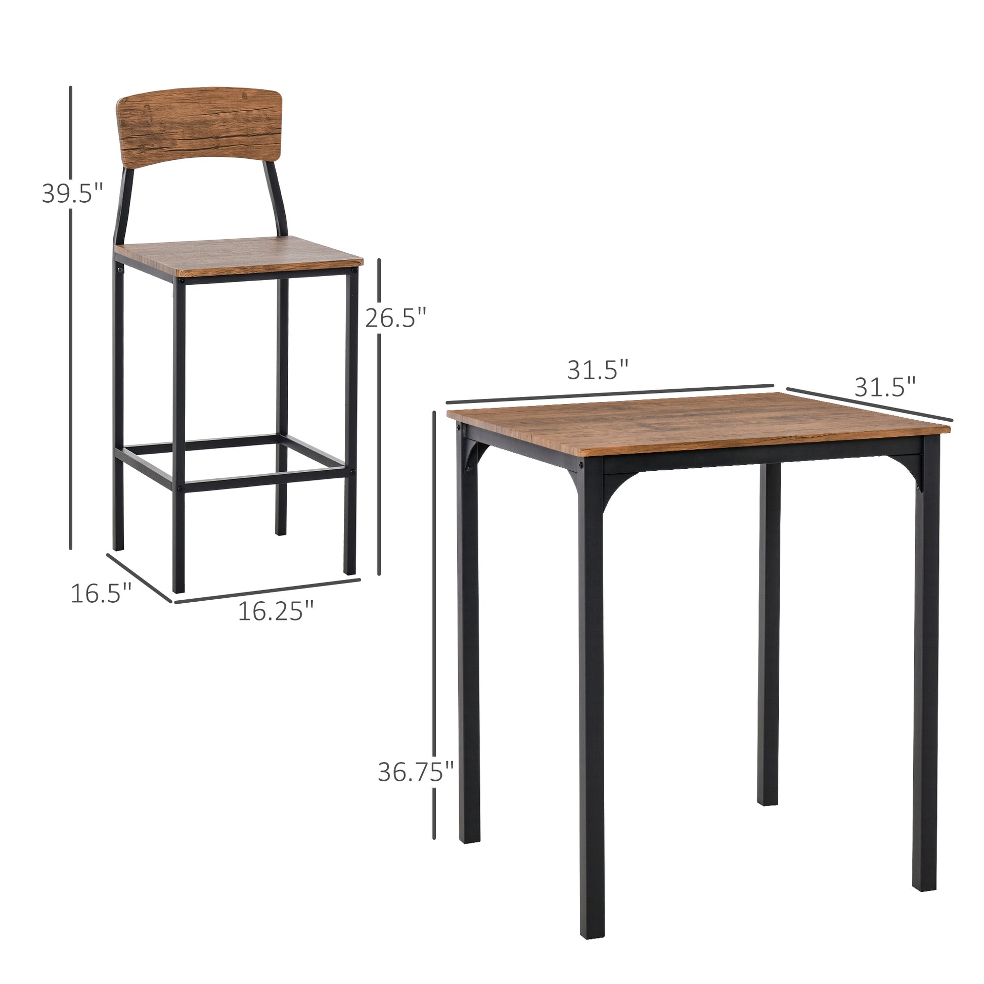 3 Piece Pub Table and Chairs, Small Kitchen Table and Chairs, Square Dining Table with 2 Stools, Walnut and Black