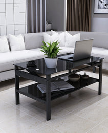 Glass Lift Top Coffee Table, Modern Simple 2-Layer Tempered Glass Coffee Table For Living Room, Black