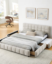 Queen Size Upholstered Bed ,comfortable Upholstered Bed Frame, Chenille Fabric, With Headboard And Solid Bed Frame. With Drawer For Storage.-Beige 88.5x68.5x31